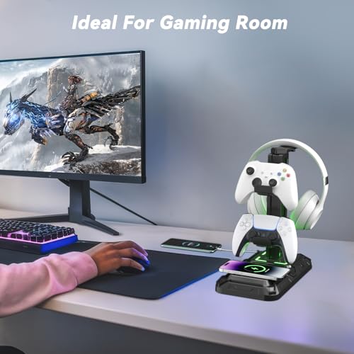 KDD Headset Halterung - und Controller Halter mit Kabellosem Laden - Headset Controller Halterung mit 9 Lichtmodi - Controller Ständer mit 2 USB- und Typ-C-Anschlüssen - Tabletop Zubehör für Gamer