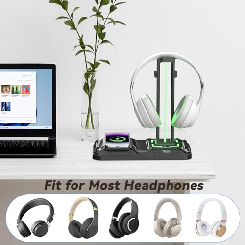 KDD Headset Halterung - und Controller Halter mit Kabellosem Laden - Headset Controller Halterung mit 9 Lichtmodi - Controller Ständer mit 2 USB- und Typ-C-Anschlüssen - Tabletop Zubehör für Gamer