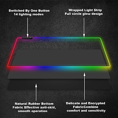 Gaming Mauspad RGB, 800x300mm, XXL Gaming Mousepad groß, 14 Beleuchtungs Modi 7 LED Farben Wasserdicht rutschfest für Tastatur Computer PC Gamer Schreibtisch, Schwarz