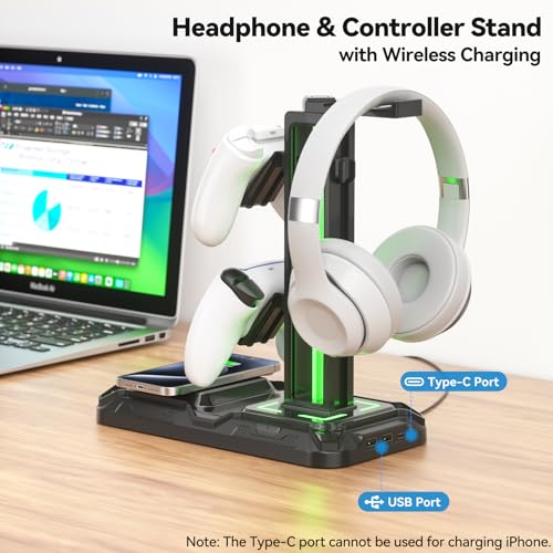 KDD Headset Halterung - und Controller Halter mit Kabellosem Laden - Headset Controller Halterung mit 9 Lichtmodi - Controller Ständer mit 2 USB- und Typ-C-Anschlüssen - Tabletop Zubehör für Gamer