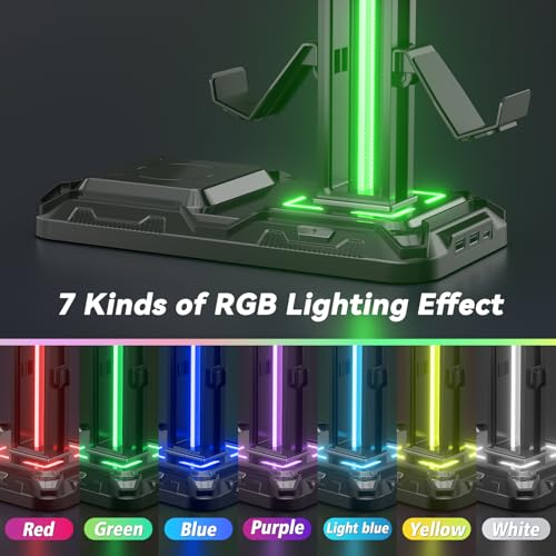 KDD Headset Halterung - und Controller Halter mit Kabellosem Laden - Headset Controller Halterung mit 9 Lichtmodi - Controller Ständer mit 2 USB- und Typ-C-Anschlüssen - Tabletop Zubehör für Gamer