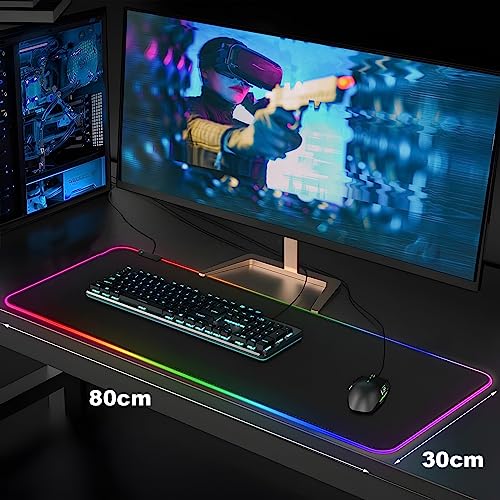 Gaming Mauspad RGB, 800x300mm, XXL Gaming Mousepad groß, 14 Beleuchtungs Modi 7 LED Farben Wasserdicht rutschfest für Tastatur Computer PC Gamer Schreibtisch, Schwarz