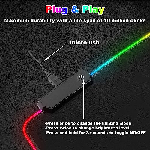 Gaming Mauspad RGB, 800x300mm, XXL Gaming Mousepad groß, 14 Beleuchtungs Modi 7 LED Farben Wasserdicht rutschfest für Tastatur Computer PC Gamer Schreibtisch, Schwarz