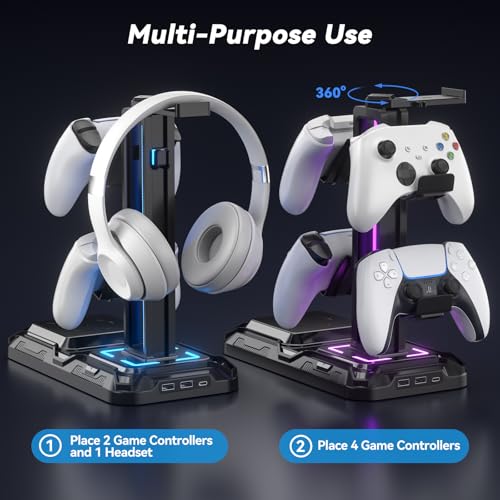 KDD Headset Halterung - und Controller Halter mit Kabellosem Laden - Headset Controller Halterung mit 9 Lichtmodi - Controller Ständer mit 2 USB- und Typ-C-Anschlüssen - Tabletop Zubehör für Gamer