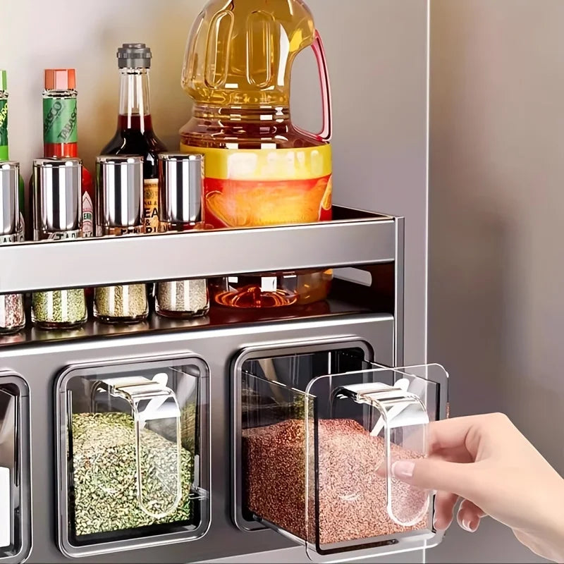 Wall mounted kitchen spice rack storage set without drilling, with sealed containers and distributors, suitable for home use