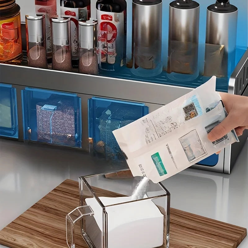 Wall mounted kitchen spice rack storage set without drilling, with sealed containers and distributors, suitable for home use